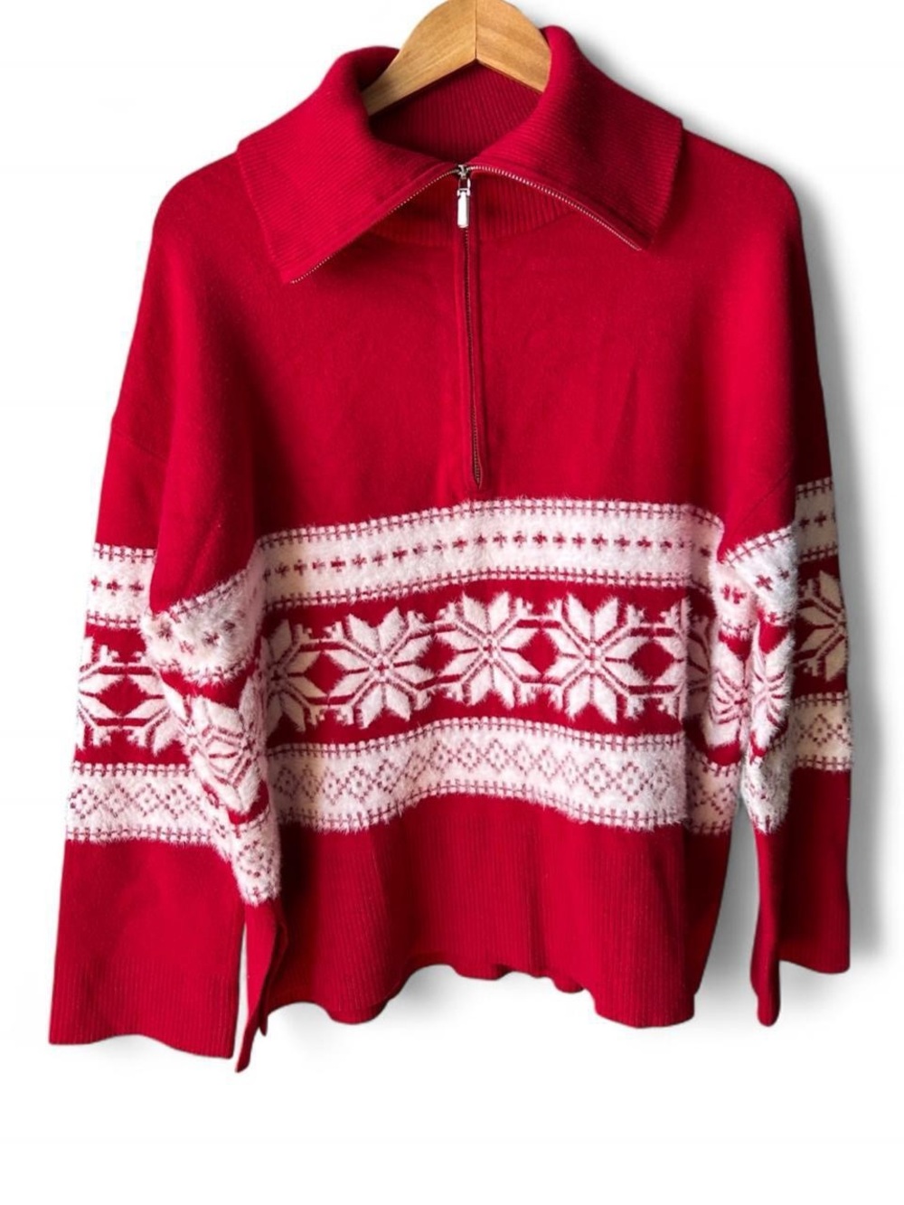 Cynthia Rowley Nordic Fair Isle Half-Zip Sweater Red White XL Cozy Lodgecore EUC